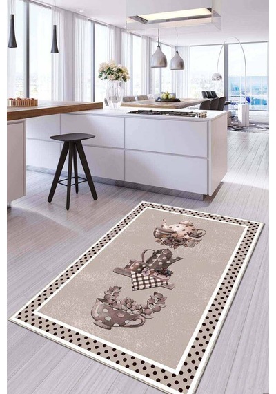 Bej Kaymaz Tabanlı Çaydanlık Desenli Mutfak Halısı Ar797n11