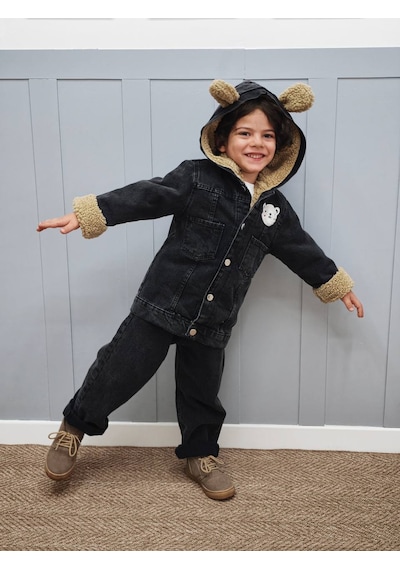 Butik Şirin Teddy Kulaklı Erkek Çocuk Siyah Kot Mont - İçi Kürklü / Peluş Astar Ceket