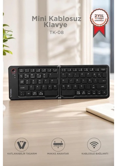 Aksesuar Seyahat Kablosuz Klavye Bluetooth Katlanabilir Şarjlı Mini Klavye Tk08 Siyah