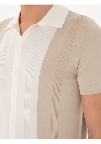 Cacharel Bej Slim Fit Düğmeli Kısa Kollu Triko Hırka