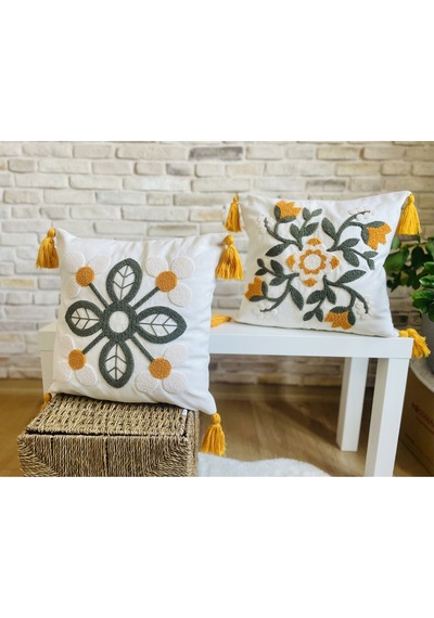 Swita Home Çiftli Kombin Punch İşlemeli Kırlent Kılıfı Panç Sarı