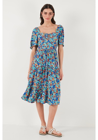 Lela Desenli Oversize Fit Carmen Yaka Büzgü Detaylı Midi Boy Bayan Elbise 67810557 Saks