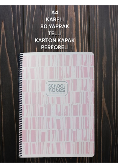 Kareli A4 80 Yaprak Telli Defter Karton Kapak Perforeli Pembe