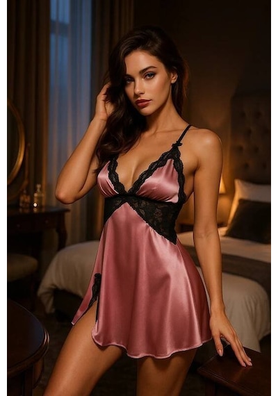 Ang Butik Kadın Pembe Saten Dantel Detaylı Gecelik Takımı