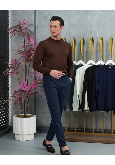 Modefendi Slim Fit Kalıp Pamuk Likra Sade Bisiklet Yaka Triko Kazak Kahverengi