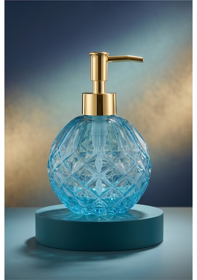 Boby Diamond Küre Cam Sıvı Sabunluk Gold Pompalı Kristal Desenli Dekoratif Banyo Ve Mutfak Dispenseri - 16 Cm X 10 Cm - 500ml - Mavi