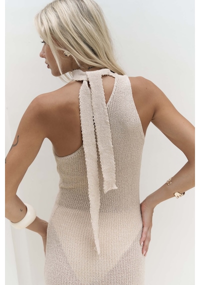 Mai Collection Mai Studios Co. Kamalas Asimetrik Triko Bej Uzun Elbise Bej