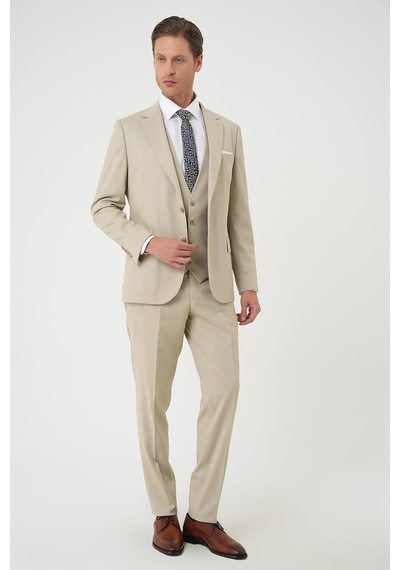 Efor Slim Fit Dokulu Çift Yırtmaç Yelekli Klasik Bej Takım Elbise Tk 898 Bej