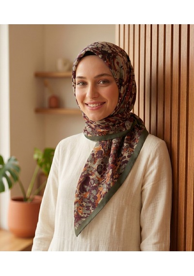 Ochre Desen 90x90cm Matte Cotton Eşarp Haki - Bordo