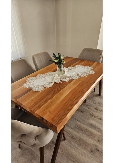Çınar Desen Fransız Dantelli Keten Gardeya Lüks Runner