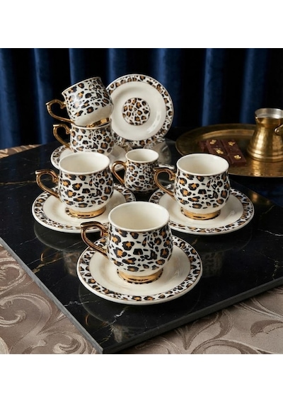 Artworks 12 Parça Leopar Porselen Kahve Fincan Takımı 6 Kişilik Çok Renkli