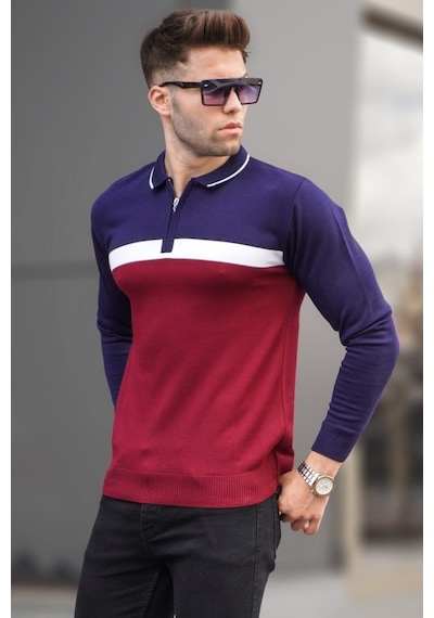 Madmext Bordo Fermuarlı Polo Yaka Triko Kazak 5787 Bordo