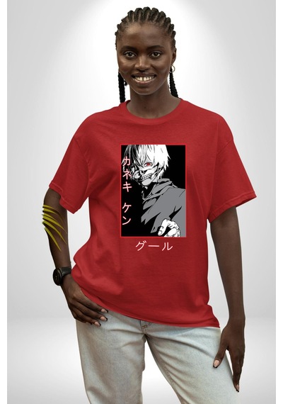 Kaneki Ken Kuma Japon Anime Şeytan Pamuklu Bisiklet Yaka Unisex Oversize Boyfriend Dijital Baskılı Kırmızı T-shirt Kırmızı