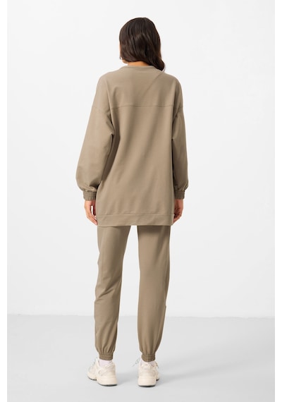 Koyu Bej O Yaka Basic Oversize Kadın Eşofman Tunik Takım - 95347 Bej