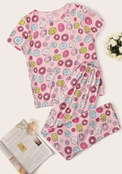 Merry See Kısa Kollu Alt Uzun Donut Baskılı Pijama Takımı 001