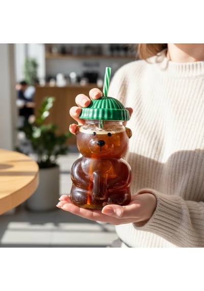 Sevimli Ayıcık Figürlü Borosilikat Cam Bardak 580 Ml - Silikon Kapaklı Ve Pipetli Lüx Barista Soğuk İçecek Bardağı Yeşil 6998