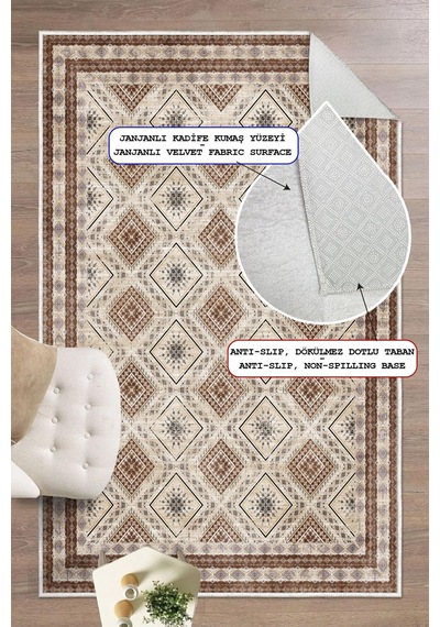 Dijital Baskılı Kilim Desen Dekoratif Kaymaz Taban Yıkanabilir Halı Yolluk Kahverengi