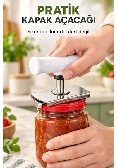 Metal Kavanoz Açacağı Plastik Kollu Pratik Kapak Açma Aparatı Beyaz