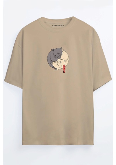 Ying Yang Kedi Baskılı Unisex Bej Oversize T-shirt Bej