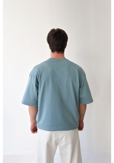 Flaw Saint Nakışlı Oversize Tişört-29519 Mavi