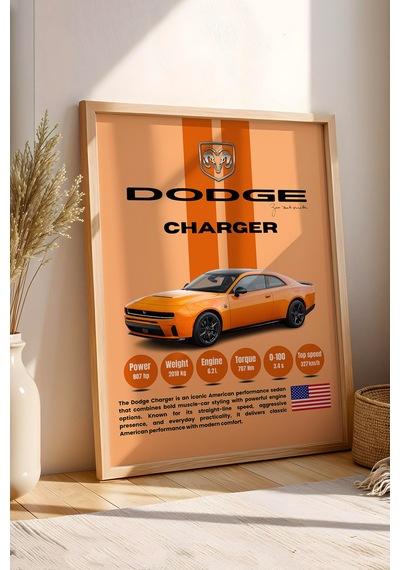 Dodge Charger Araba Tablosu - Teknik Özellikli Otomobil Poster - Çerçeveli Duvar Dekoru Kayın