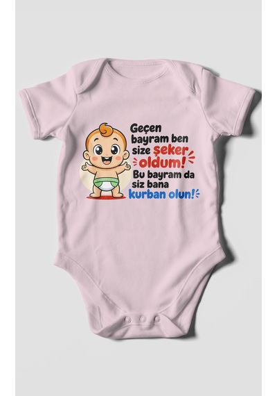 Morivokids Geçen Bayram Ben Yazılı Kısa Kollu Bebek Body %100 Pamuk Bebe Pembe