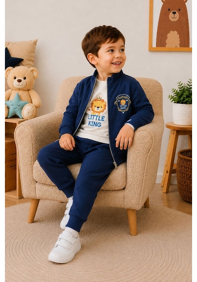 Mnk Baby & Kids Erkek Bebek Küçük Aslan Hırkalı 3lü Takım M00855 Lacivert