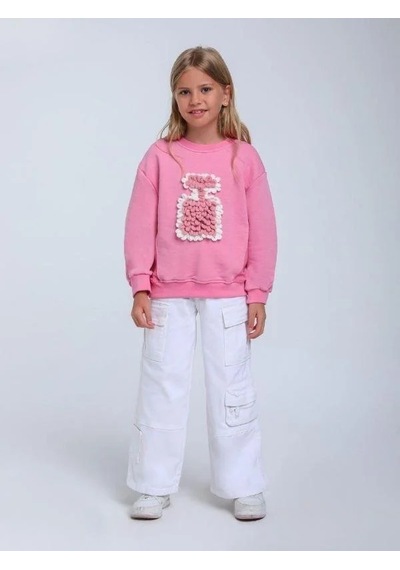 Kız Çocuk Parfüm Şişesi Örgü Detaylı Sweatshirt-14314 Pembe