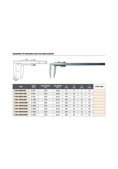 Fett 0-3000mm Pld Ekonomik Tip Mekanik Uzun Tek Çene Kumpas