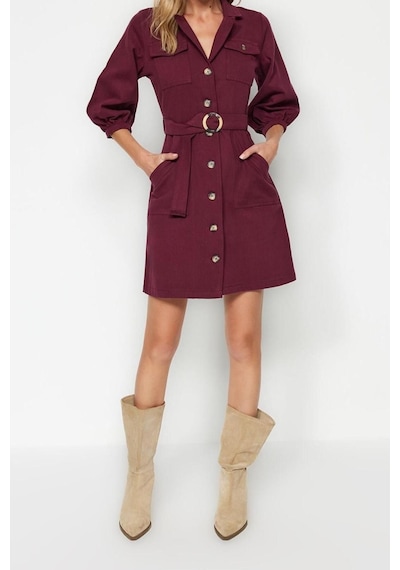 Ersefa Moda Stil Regular Ceket Yaka Mini Boy Kemerli Dokuma Elbise Bordo