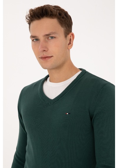 U.S. Polo Assn. Erkek Slim Fit V Yaka Koyu Yeşil Basic Kazak 50313668-VR079