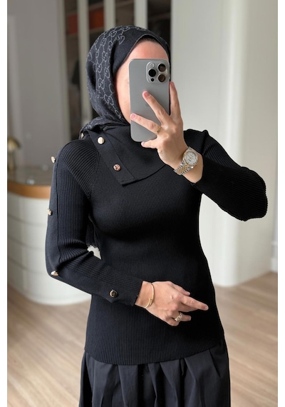 Kahijab Asimetrik Yaka Truvakar Kol Triko Bluz - Siyah