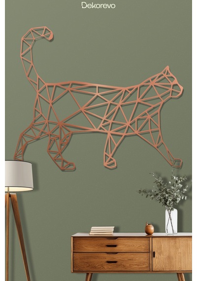 Geometrik Kedi Metal Duvar Tablosu - Metal Duvar Sanatı - Bronz - 40 X 50 Cm