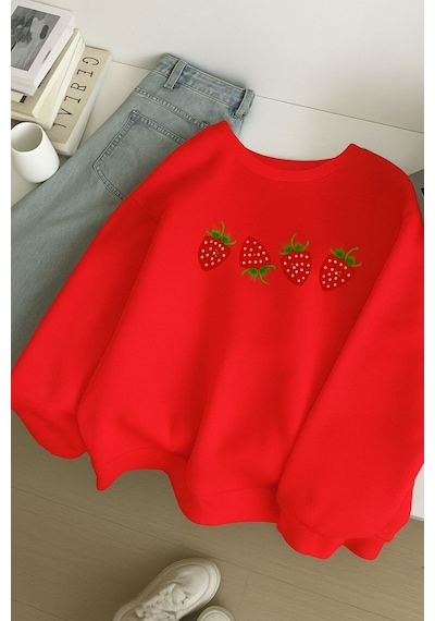 Benroma 3 İplik Penye Çilek Baskılı Unisex Sweatshırt Kırmızı