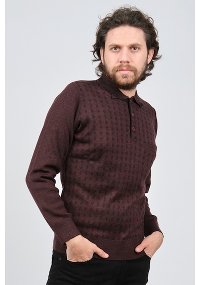 Çizgi Triko Erkek Cep Detaylı Polo Yaka Desenli Kazak 42544216 Bo Bordo