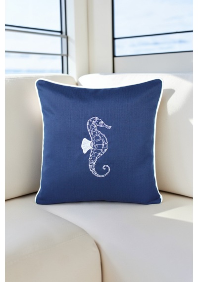 Kırlent Kılıfı 45x45 Marin Nakışlı Deniz Atı Desen Su İtici Outdoor Keten Beyaz Biyeli Tekne Bahçe Lacivert