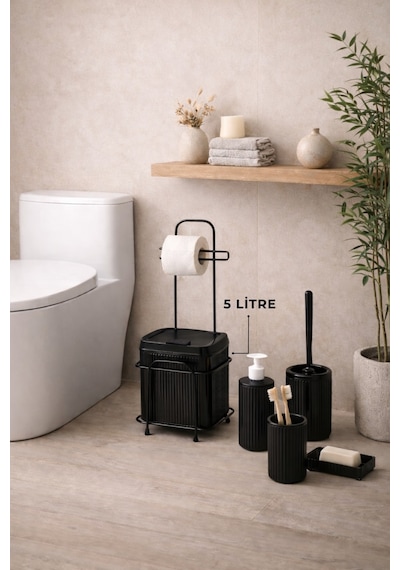 Decorev Büyük Banyo Standlı 6'lı WC Seti 5 Litre Çöp Kovası Siyah