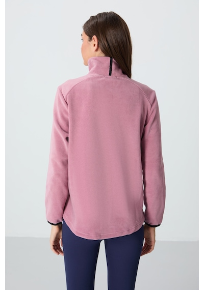 Tommy Life Gül Kurusu Dik Yaka Fermuarlı Rahat Form Kadın Polar Sweatshirt - 97173 Gülkurusu