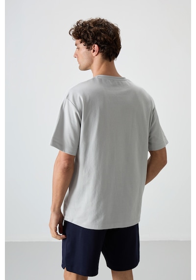 Air Jones Tommy Life Taş Pamuklu Kalın Yüzeyi Dokulu Oversize Fit Baskılı Erkek T-shirt - 88371 Taş