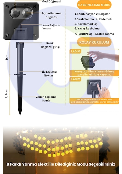 Technojet 30 Led 6m Solar Led Sarı Işık Güneş Enerjili Bahçe Teras Balkon Ağaç Lambası Aydınlatma Sarı