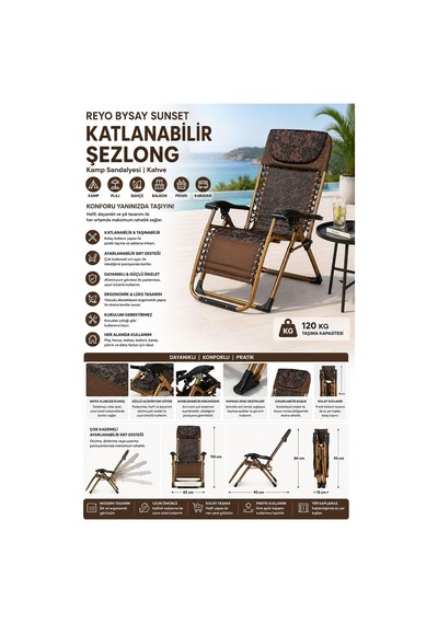 Bysay Sunset Katlanabilir Şezlong Kamp Sandalyesi, Alüminyum Çerçeve, Ayarlanabilir Pozisyonlu, Yatabilen, Kahve Ren Diğer