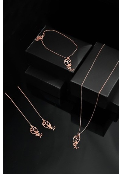 925 Ayar Gümüş Rose Kaplama Gül Kolye Küpe Bileklik Set