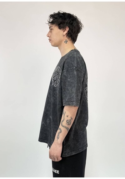 Zaee Vintage Washed Taşlı Oversize T-shirt Antrasit