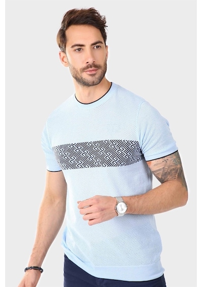Ferraro Erkek Desenli Delikli Bisiklet Yaka Triko T Shirt - Mavi-Mavi