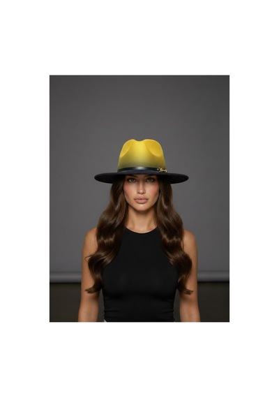 Gigi Luxe Özel Tasarım Fedora Fötr Şapka Ayarlanabilir Gold Aksesuarlı Kovboy Fötr Sarı Sarı