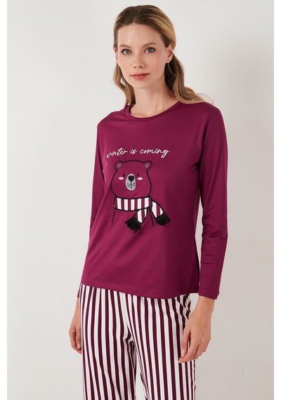 Lela Regular Fit Desenli Bisiklet Yaka Bayan Pijama Takımı 65719102 Mürdüm