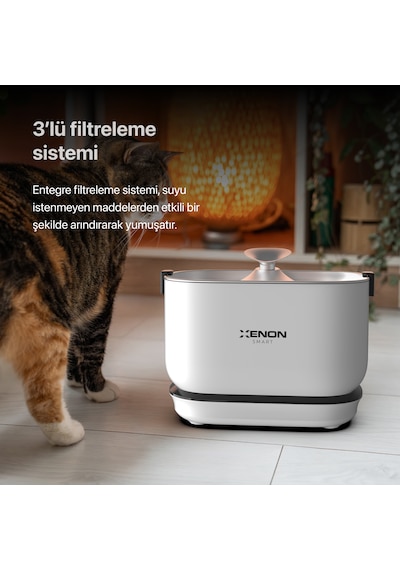 Xenon Smart Kedi Su Pınarı | Bataryalı, Çelik Su Tepsili, Kablosuz, Sensörlü, 5200 mAh, 2.5Lt, Su Çeşmesi (X8652)