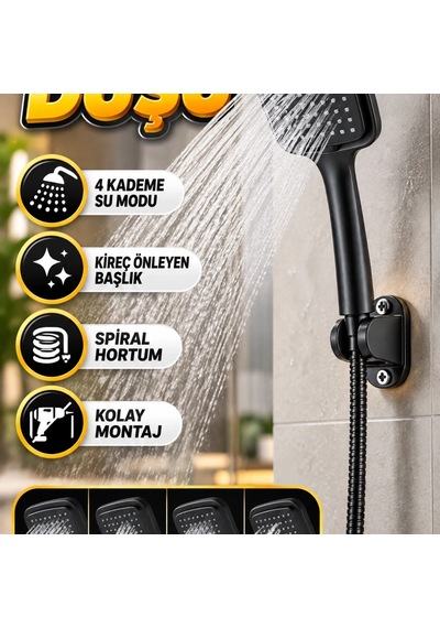 Siyah Çok Fonksiyonlu El Duşu Seti Spiral Hortum Ve Duvar Askısı Çok Renkli