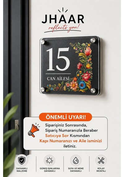 Kişiye Özel Pleksi Kapı İsimliği Modern &amp Lüks Uv Baskılı Dekoratif Kapı Numarası- Renkli Çiçekli, J Genel