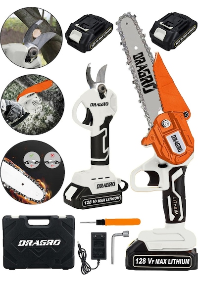 Dragro DRG-128 2 Li Set Beyaz 128 Vf 10 Ah Çift Akülü Çelik Şanzıman Şarjlı Dal Ağaç Kesme Bağ Budama Makası Beyaz